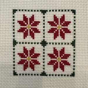 Poinsettias in a windowframe design Completed Vtg Crosstitch needlework panel